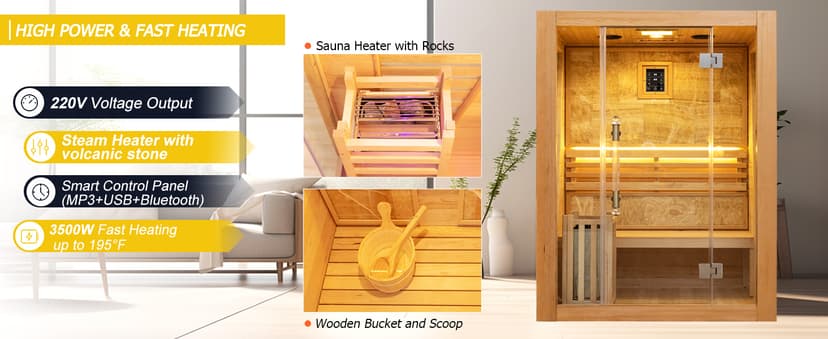Smartmak Wood Home Steam Sauna, 3 Person Canadian Hemlock Traditional Luxurious Wooden Indoor Spa Room, with 3.5 kw Heater, Bluetooth Speaker, Rocks, Water Bucket, Spoon, Hygrothermograph, Lights