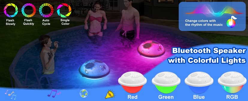 Floating Pool Speakers with Colorful LED Lights, IP68 Waterproof Pool Speakers Bluetooth, 16W Stereo Loud Sound Hot Tub Speaker, TWS Pairing, Hands-Free Portable Bluetooth Pool Speaker for Spa