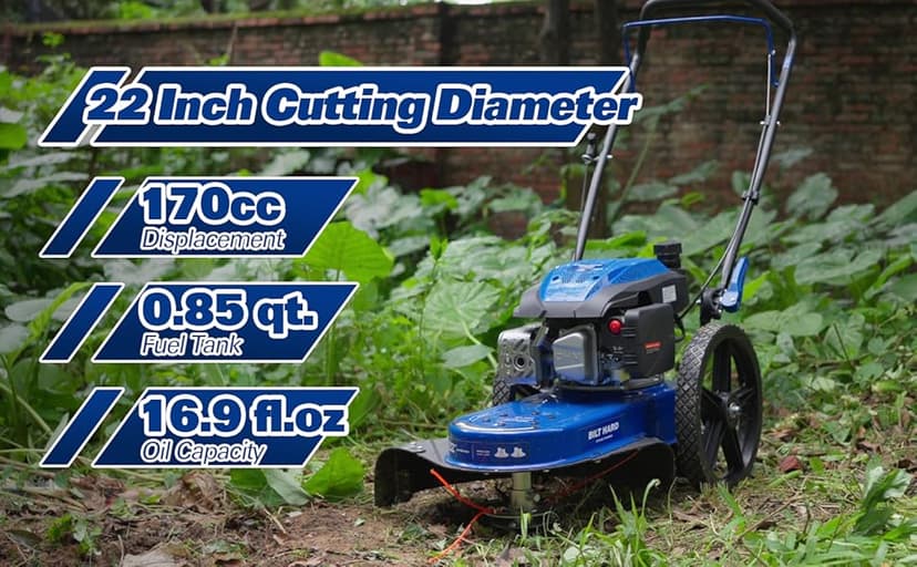 BILT HARD Walk Behind String Trimmer, 170cc 4-Cycle Gas Brush Hog Mower, 22 Inch Cutting Diameter, Push Weed Eater with 14 Inch Flat Free Wheels, Brush Cutter for Farm, Lawn, Yard