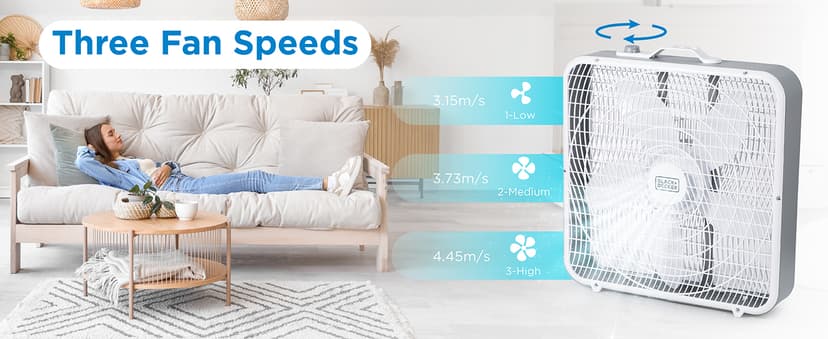 BLACK+DECKER Box Fan with 3 Speed Settings, 20” Box Fan with Carrying Handle, Rotary Knob and Recessed Cord Storage, Portable Fan and Cooling Fan for Home, Office, Garage, Basement & More