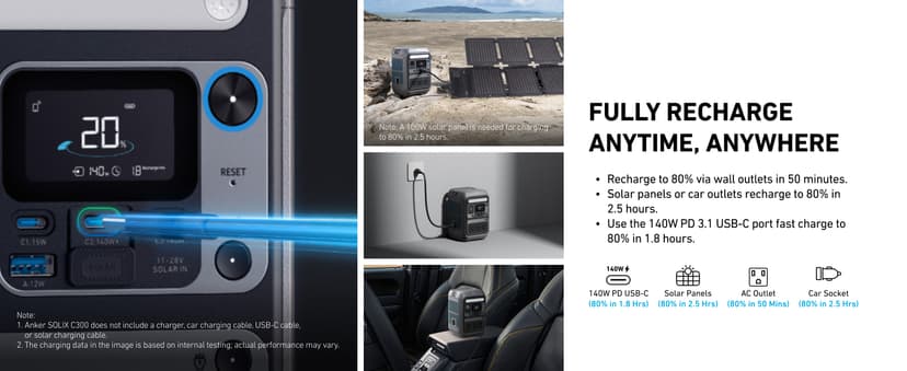 Anker SOLIX C300 Portable Power Station, Outdoor 288Wh LiFePO4 Battery, 300W (600W Surge) Solar Generator, 140W Two-Way Fast Charging, for Camping, Traveling, and Emergencies (Solar Panel Optional)