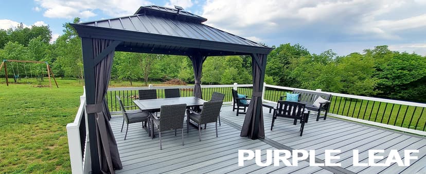 PURPLE LEAF 10' X 12' Permanent Hardtop Gazebo Aluminum Gazebo with Galvanized Steel Double Roof for Patio Lawn and Garden, Curtains and Netting Included, Grey