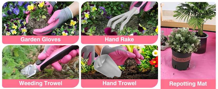 WORKPRO 5PCS Garden Tool Set, Powder Coating Compact Aluminum Gardening Tool Set with Repotting Mat, Outdoor Garden Hand Tools, Ideal Gardening Gift, Pink