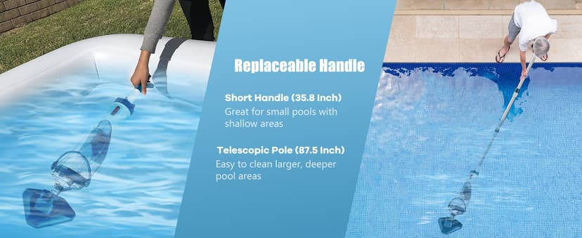 Pool Vacuum for Above Ground Pool with a Telescopic Pole, Running time up to 1H, T403 Handheld Rechargeable Pool Cleaner with Powerful Suction up to 18.5 gallons/min, Ideal for Leaves, Debris