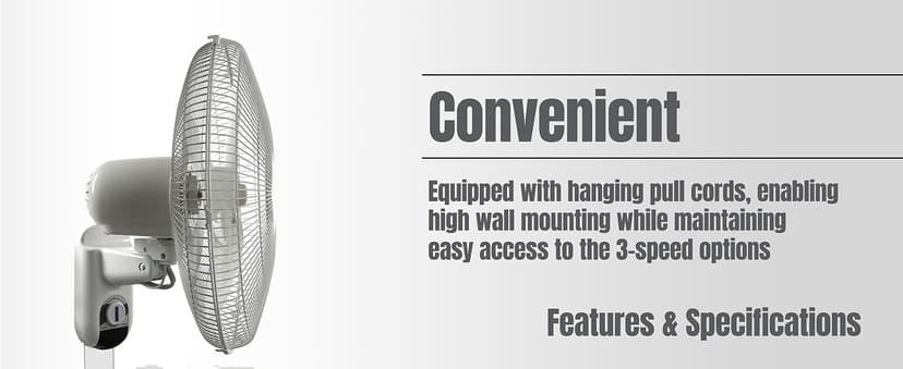 Hurricane Classic Oscillating Wall Mount Fan w/ 3 Quite Speeds, White, 16" - Corded Electric Air Cooling Unit w/Easy Pull Cord Controls for Home, Grow Tents, Offices, Sheds, Studios, Garages & Dorms