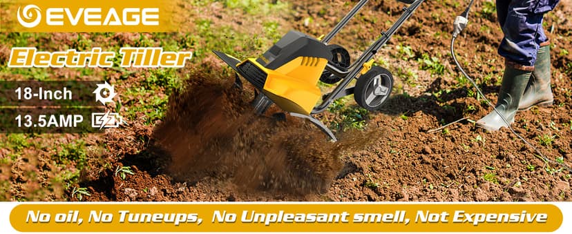 EVEAGE 18-Inch 13.5AMP Rototiller for Garden Corded Electric Tiller Machine 4'' - 8'' Farm Tilling Depth, Foldable Handle 6x4 Tines with Adjustable Wheels