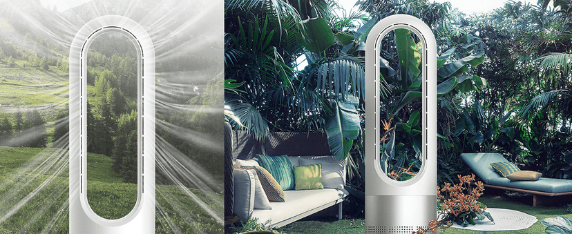 Bladeless Heater and Fan Combo, 1400 Watt Heater Fan and 40 Watt Cold Fan, 80° Oscillating Fan, All the Season Use, Remote and Touch Control, Floor Tower fan, Office Room, Bedroom, Blue White