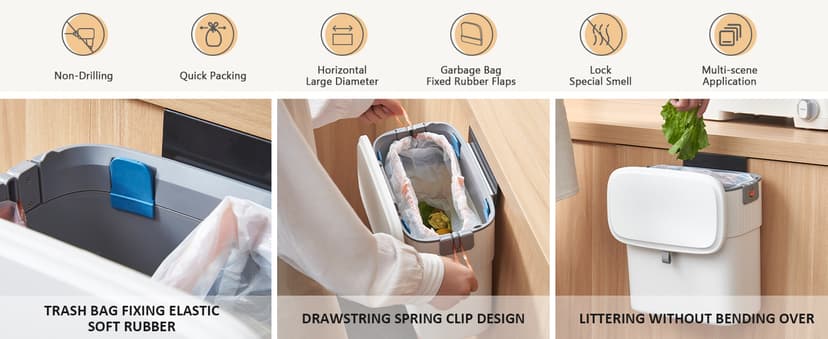 ELPHECO Hanging Trash Can with Lid 2.5 Gallon Kitchen Compost Bin for Under Sink, Plastic Wall-Mounted Garbage Can, Small Kitchen Trash Bin, Small Trash Can with Lid for Cupboard Countertop