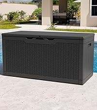 Patiowell 82 Gallon Resin Deck Box, Waterproof Large Wood Look Storage Box for Patio Furniture, Pool Accessories, Garden Tools and Sports Equipment, Lockable, Grey