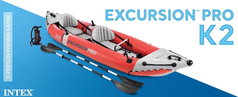 Intex 68309EP Excursion Pro K2 Inflatable Kayak Set: Includes Deluxe 86in Kayak Paddles and High-Output Pump – SuperTough PVC – Adjustable Bucket Seat – 2-Person – 400lb Weight Capacity