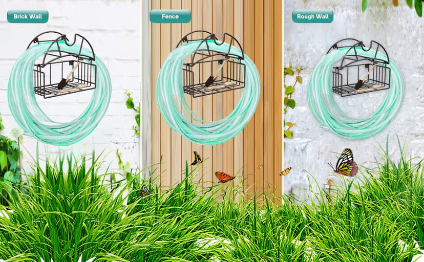 Lamir Heavy Duty Metal Garden Hose Reel with Tool Storage Basket, Wall Mount for Outer Yards and Garden Lawns