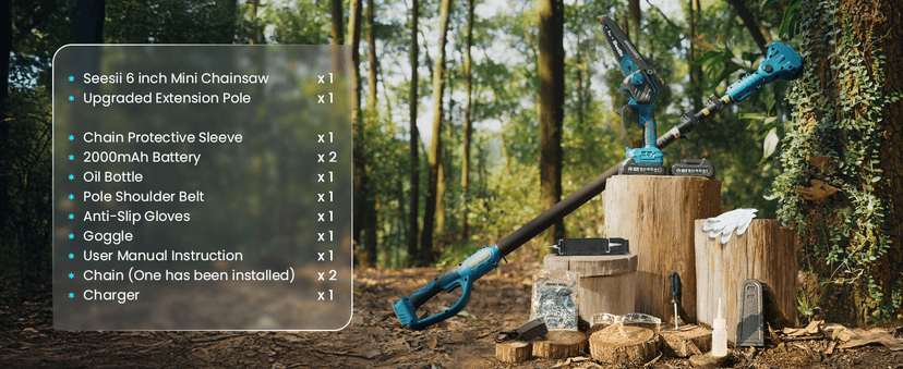 Seesii PS620 2-in-1 Electric Pole Saws: 6 Inch Mini Chainsaw Cordless with Extension Pole, 2Pcs Batteries, Brushless Chain Saw for Limb Branch Cutter, Battery Tree Trimmers Pruner,16Ft Long Reach