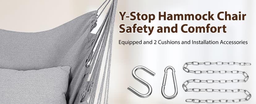 Y- Stop Hammock Chair Hanging Rope Swing Chair, Max 500 Lbs, 2 Seat Cushions Included, Removable Steel Spreader Bar with Anti-Slip Rings, Hardware kit-for Indoor or Outdoor(Light Grey)