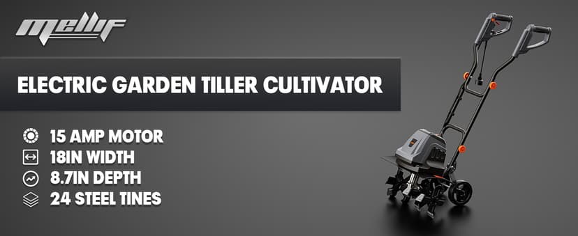 18 Inch 15 Amp Electric Tiller Cultivator, 24 Steel Tines for Gardening, Corded & High Power Garden Roto Tiller, 8.7'' Tilling Depth, 4-Adjustable Wheels, Foldable Handle, for Lawn Yard, Gray