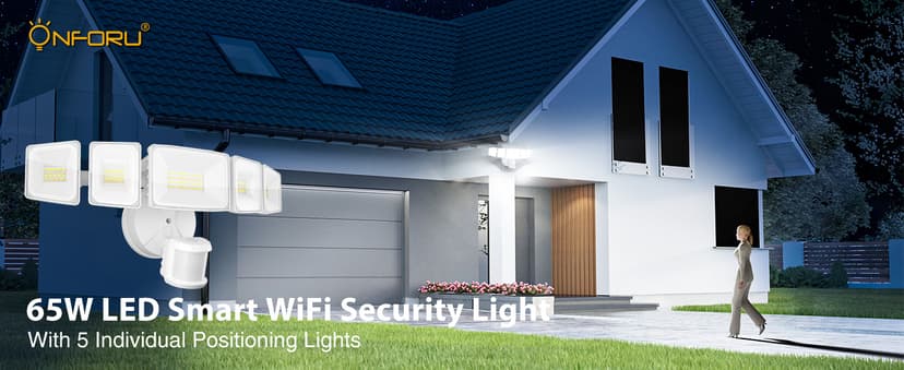 Onforu 5 Heads 65W Smart LED Security Lights Motion Sensor Outdoor, 340° Illumination WiFi Alexa Flood Light 5500LM APP Control, 2500K-6500K Exterior Motion Detector, IP65 Wall Light for Yard, White