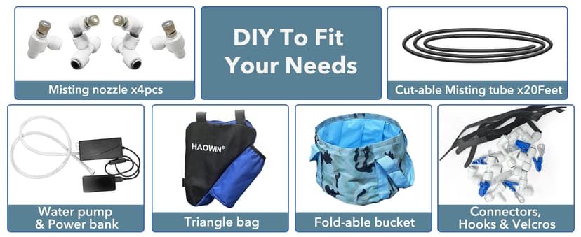 HAOWIN Portable Misting System with Water Pump, Triangle Bag and Foldable Bucket, DIY Mobile Misting Cooling System for Bike, Motorcycle, Canopy, Tent, Golf Cart, Boat, Camping, Hiking
