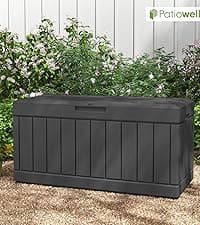 Patiowell 82 Gallon Resin Deck Box, Waterproof Large Wood Look Storage Box for Patio Furniture, Pool Accessories, Garden Tools and Sports Equipment, Lockable, Grey