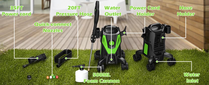 Electric Pressure Washer - 4500PSI 3.0GPM Power Washer with 500ML Foam Cannon, 4 Nozzle Tips, with 4-Wheel Anti-Tip Technology, 360° Swivels High Pressure Cleaning Machine for Cars, Driveways, Patios