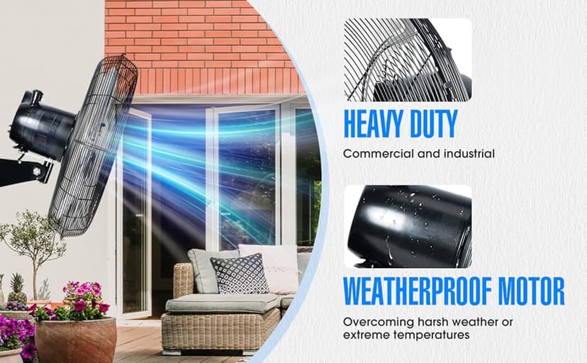 iLiving 20" Outdoor Oscillating High Velocity Wall Fan with 4750 CFM Heavy Duty Weatherproof Motor, Variable Speed Adjustment for Workshop, Garage, Patios, Commercial and industrial, 20 inch,Black