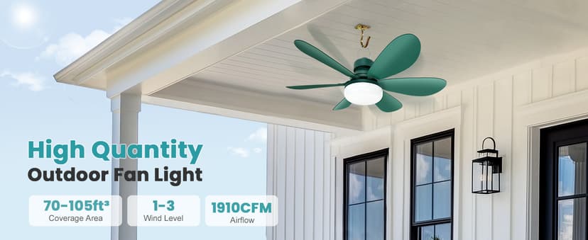 Solar Ceiling Fan Light with Battery, 20" Outdoor Ceiling Fans with Adjustable Thermostat & 2pcs 15W Bifacial Solar Panels, Solar Powered Fan for Gazebo, Chicken Coop, RV (Green)