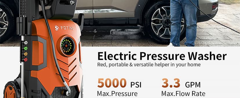 2025Upgraded Electric Pressure Washer with Adjustable Touch Screen 5000PSI 3.3GPM/8 Level, 58Total Long, 4 Quick Connect Nozzles,Inlet Hose&Filter&Foam Cannon for Cars/Fences/Driveways/Home Cleaning