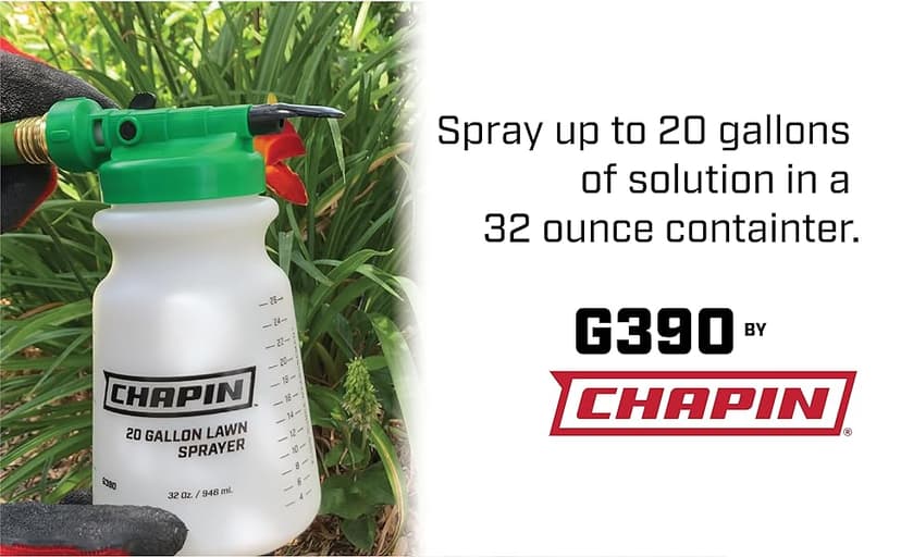 Chapin G390 Hose End Sprayer For Water Soluble Materials, 20 Gallon, 32 Ounce Tank, Finger Control and Backflow Prevention, For Spraying Lawns, Weeds, Insects, Fertilizers, Translucent White