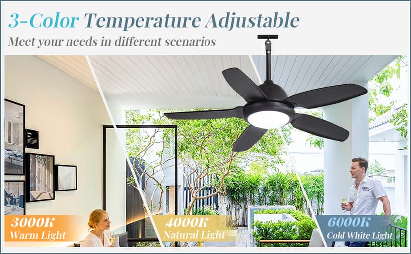 42 Inch Waterproof Outdoor Ceiling Fan with Lights and Remote,IP65 Hanging Gazebo Fan with 3CCT 6-Speed DC Motor,Black Wet Rated Plug in Ceiling Fan with Cord for Patios Porch Pergola