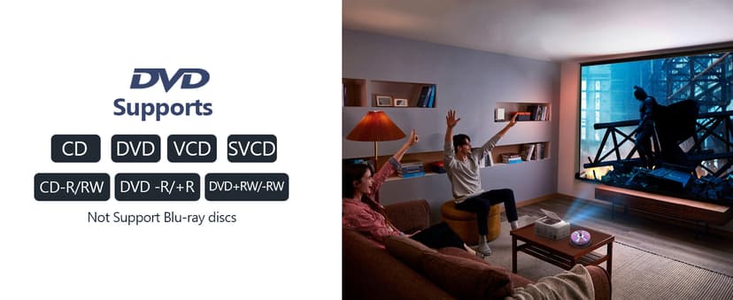 TMY Bluetooth Projector with DVD Player Built in, 1080P Mini Projector, Portable DVD Projector for Outdoor Movies, Compatible with Smartphone/PC/TV Stick/HDMI/USB/TF