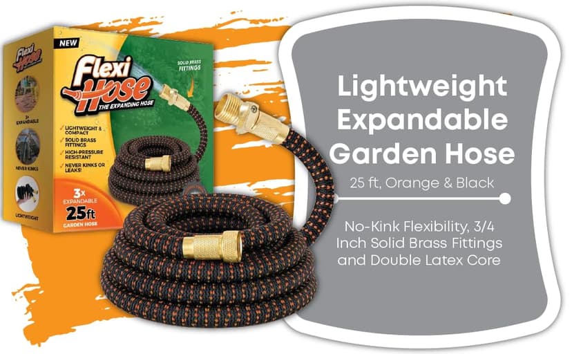 Flexi Hose Upgraded Expandable Garden Hose 50 ft Extra Strength 3/4 Solid Brass Fittings - The Ultimate No-Kink Flex 50 ft Water Hose (Black, 50FT)