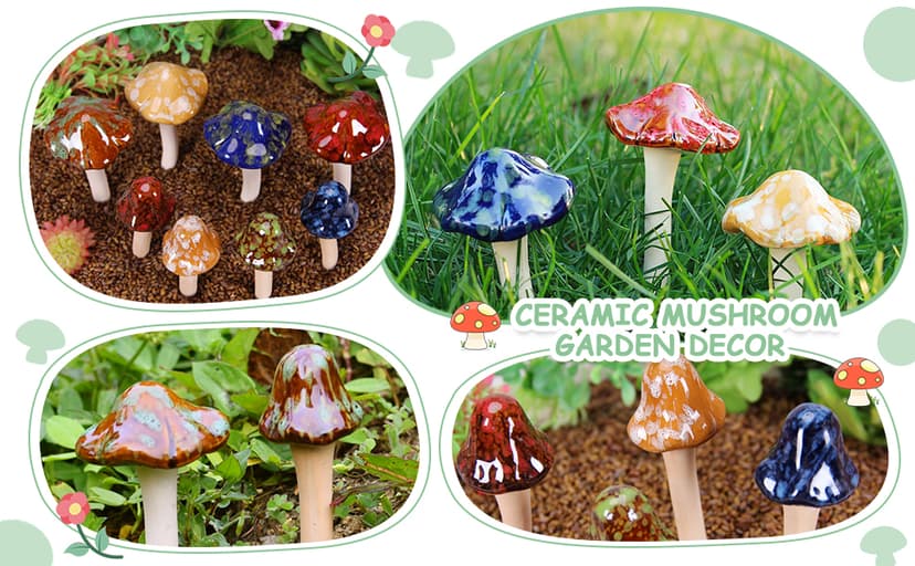 8Pcs Ceramic Garden Mushrooms Figurine Decorative Plants Stakes Accessories Lawn Ornaments Statue for Outdoor (Random Color) (Blooming-1)