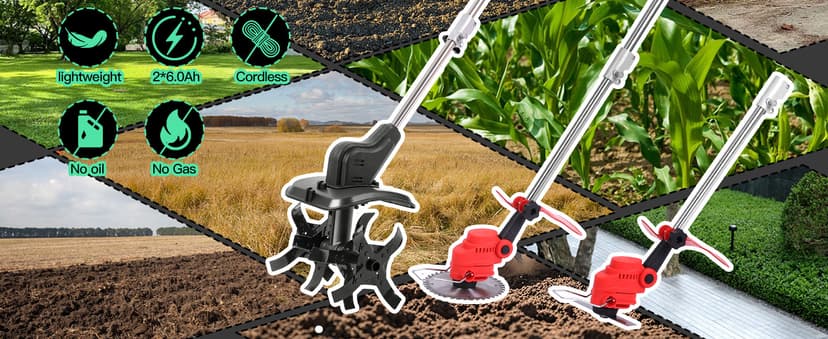 21V Cordless 2-in-1 Tiller & Weed Whacker Combo | 12"x9" Rototiller, 4x4 Blades & 8" Trimmer - 2×21v Battery, 360 RPM for Gardening, Garden Tiller, Electric Tiller, Cultivators for Gardening