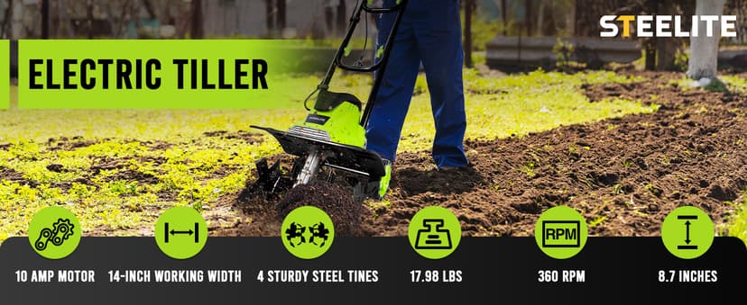 STEELITE 14-Inch Corded Electric Tiller, 10 Amp Powerful Garden Cultivator for Soil Preparation and Landscaping – Lightweight, Durable, and Easy to Use