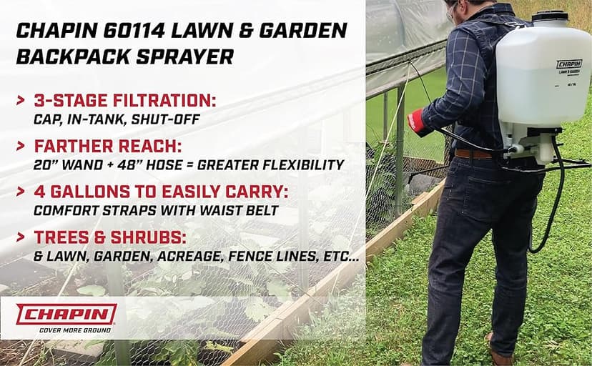 Chapin 60114 Made in USA 4-Gallon Backpack Sprayer with 3-Stage Filtration System Pump Pressured Sprayer, for Spraying Plants, Garden Watering, Lawns, Weeds and Pests, Translucent White