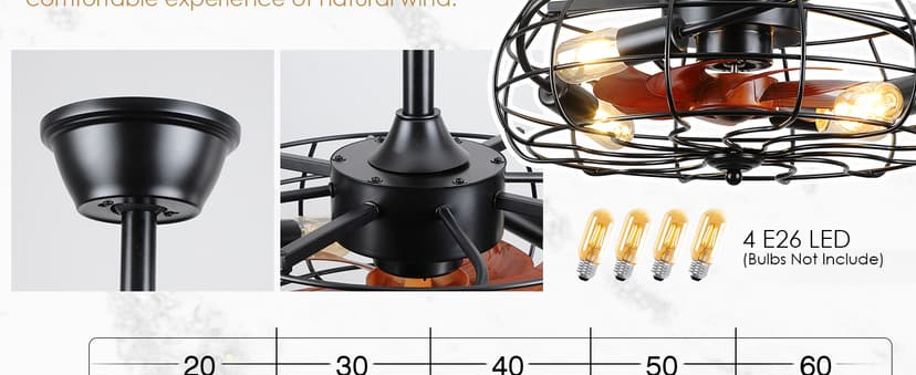 Asyko Caged Ceiling Fans with Lights - Black Outdoor Ceiling Fan with Remote and Reversible Fan Blades, Bladeless Low Profile Fan Light Fixtures for Indoor, Patios, Farmhouse(E26 Bulbs Not Included)