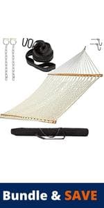 Castaway Living 13 ft. Double Traditional Hand Woven Navy Polyester Rope Hammock with Free Extension Chains, and Tree Hook, for 2 People with a Weight Capacity of 450 lbs.