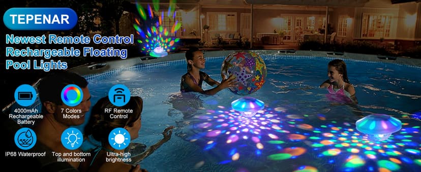 Rechargeable Floating Pool Lights: Remote Control Pool Lights That Float with 6 Dynamic Lighting IP68 Waterproof RGB Upper and Lower Floating Lights for Hot Tub Pool Garden Party 1 Pack