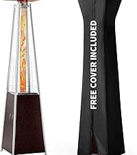 Pamapic Patio Heater, 48,000 BTU Pyramid Flame Outdoor Heater with Cover, Quartz Glass Tube Hammered Bronze Tower Propane Outdoor Heater with Wheels