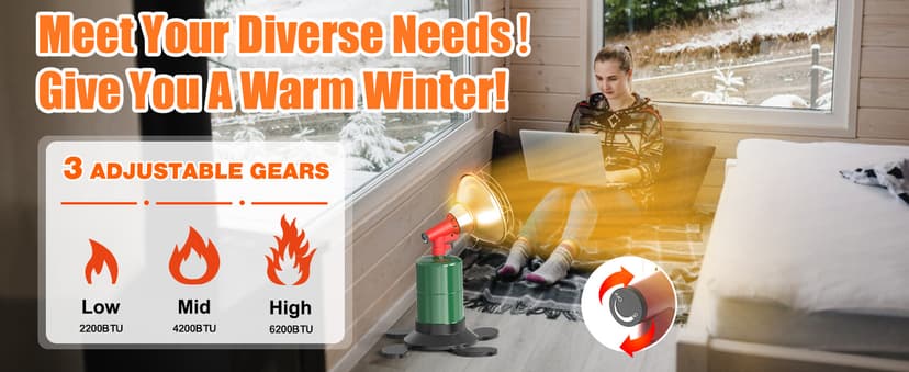 Buyplus Portable Propane Heater, 6200 BTU Portable Camping Heater Outdoor with Electric Ignition, Control Valve, Gas Cylinder Base for Tent, Fishing, Garage, 7“L x 7"W x 10"H