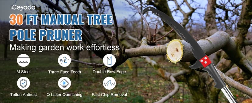 30 Ft Manual Pole Saw, Extendable Tree Pruner Blade and Scissors Set with 9 Fiberglass Handles, Long Branch Pruner Retractable for Backyard and Garden, Bush Cutting and Pruning of Palm Trees