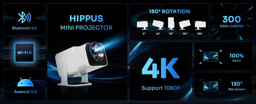 Smart Mini Projector with 180° Adjustable Stand, 1080P 4K Outdoor Portable Projector, WiFi 6 & Bluetooth 5.2, Android 11, 300ASIN LM, Support 2.4G/5G Dual-Band Wi-Fi.