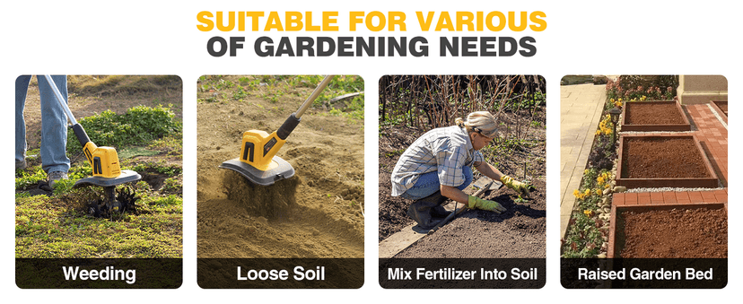 Alloyman 20V Cordless Tiller Cultivator, 360RPM Electric Garden Tiller, with 2 * 2.0Ah Batteries & Charger, 9In Tilling Width and 6.6In Depth Garden Rototiller for Lawn/Gardening/Soil Cultivation