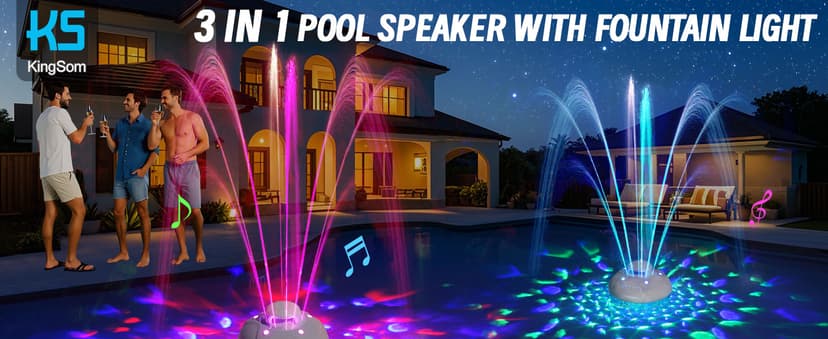 KingSom 3 in 1 Bluetooth Pool Speaker with Pool Fountain Light, 10000mAh Floating Pool Speaker, IP68 Waterproof Hot Tub Speakers, Loud Sound, BT5.4,24H Playtime Rechargeable pool Water Fountain, White