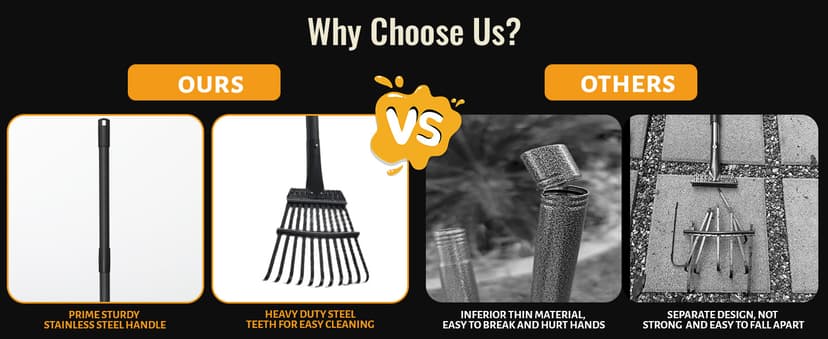 Small Garden Rake for Leaves,11 Tines Heavy Duty Metal Yard Hand Rake with 63in Long Adjustable Handle, Ideal Leaf Scoops Garden Tool for Gathering Leaves, Shrub,Poop, Leveling Grass,Flower Beds,Yards