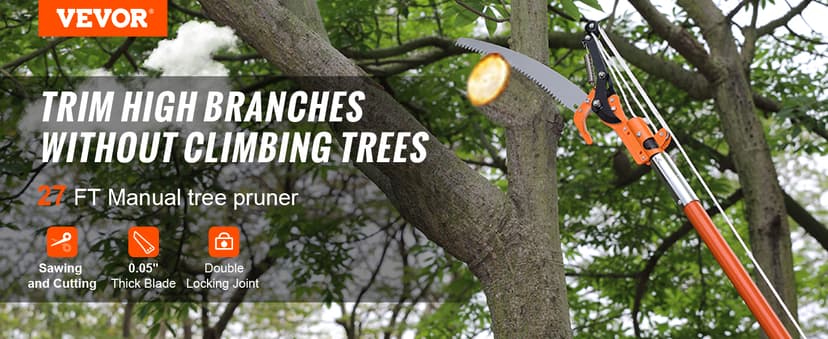 VEVOR Manual Pole Saw, 7.3-27 ft Extendable Tree Pruner, Sharp Steel Blade and Scissors High Branches Trimming, Branch Trimmer with Lightweight 8 Fiberglass Handles, for Pruning Palms and Shrubs