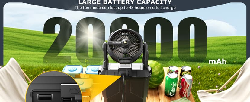 Misting Fan, 6L Bucket Portable Misting Fans with Remote, 20000mAh Rechargeable Battery Portable Fan for Outdoors Patios, Camping Fans 270° Adjustable, Hanging & Lighting for Outdoor Cooling