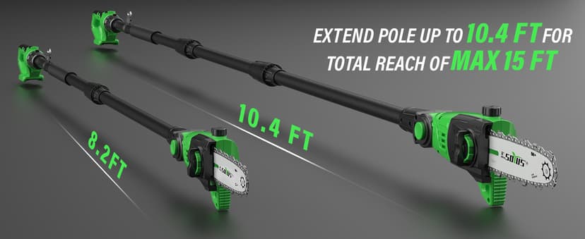 SOYUS Pole Saw 8-Inch Cordless and 18-Inch Pole Hedge Trimmer 2-in-1, 15-Foot Max Reach Pole Saw for Tree Trimming, 16ft/s Speed, Auto Oiling, Multi-Angle Pole Chainsaw with 2.0Ah Battery & Charger