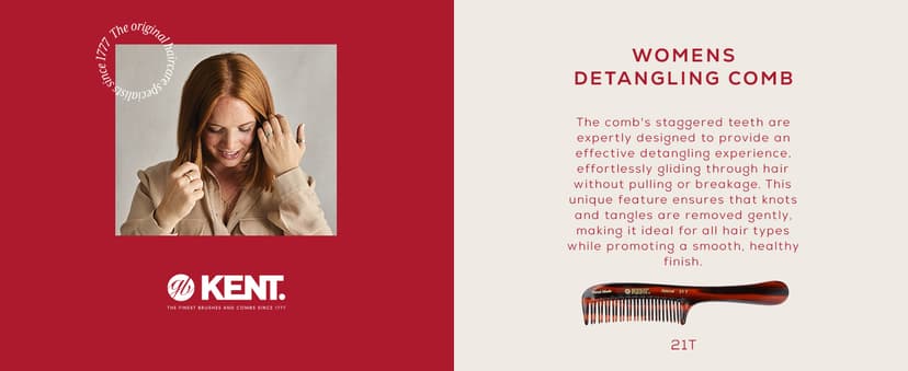 KENT 21T 8 Inch Large Hair Detangling Comb, Wide Teeth for Thick Curly Wavy Hair. Long Hair Detangler Comb For Wet and Dry. Handmade of Quality Cellulose, Saw-Cut Hand Polished, Made in England