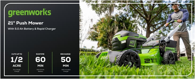Greenworks 60V 21” Cordless (Push) Lawn Mower (LED Lights + Aluminum Handles), 5.0Ah Battery and Rapid Charger