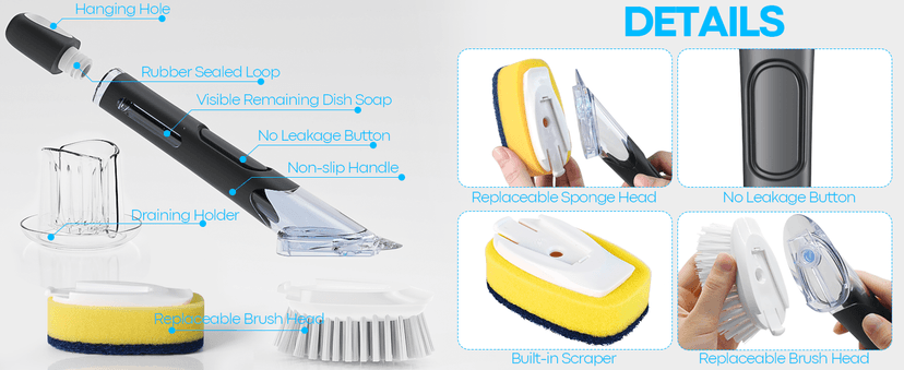 AJXX Dish Brush with Soap Dispenser Storage Set, Dish Soap Brush with 2 PCS Brush Heads & Holder, Soap Dispenser Brush with Handle, Dish Brush with Soap Dispenser, for Utensils, Pans, Sinks, Cookware