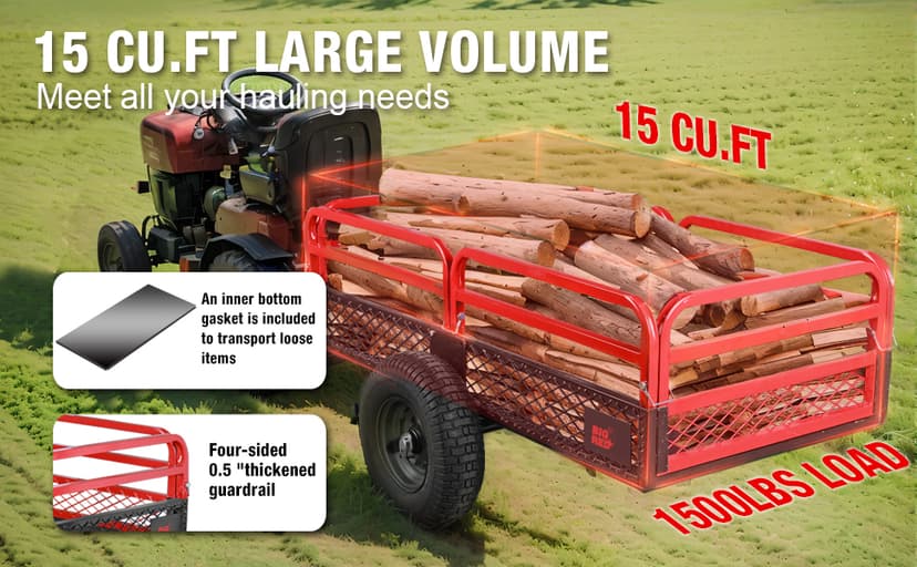 BIG RED Heavy Duty ATV Trailer Steel Dump Cart: Yard Garden Trailer for Lawn Mower, Tractor, Garden Waste - 1,500lbs, 15 cu.ft Capacity